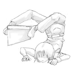  1boy chest_stand cleaver commentary_request faceless flexible full_body greyscale jose_(kudaranu_mousou_no) kudaranu_mousou_no male_focus monochrome solo tsukushi_(toxicdoll) 