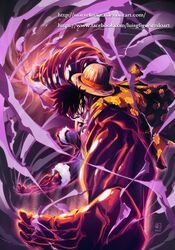  2015 attacking_viewer barefoot black_hair chest clenched_hand clenched_teeth d: gear_fourth hat highres looking_at_viewer luis_figueiredo male_focus monkey_d_luffy muscle one_piece open_clothes open_hand open_mouth open_vest scar shorts solo steam straw_hat teeth v-shaped_eyebrows vest watermark web_address 