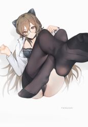  animal_ears ass black_bra black_panties black_pantyhose bra breasts brown_eyes brown_hair cat_ears closed_mouth commentary_request crossed_legs dress_shirt female frown glasses hair_between_eyes hands_up highres legs lisa_(kimiko2016) long_hair long_sleeves looking_at_viewer no_shoes open_clothes open_shirt original panties pantyhose semi-rimless_eyewear shirt sidelocks small_breasts soles solo thighband_pantyhose thighs toes under-rim_eyewear underwear very_long_hair 