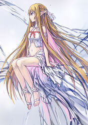  asuna_(sao) barefoot barefoot_sandals_(jewelry) breasts brown_eyes brown_hair commentary_request dress elf female jjwww_love long_hair long_legs medium_breasts navel photoshop_(medium) pointy_ears sitting solo sword_art_online titania_(sao) very_long_hair 