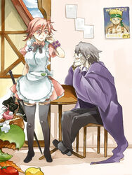  1boy female gig gig_(soul_cradle) grey_hair looking_at_another maid_apron midriff pink_eyes pink_hair revya_(female) short_hair smile soul_cradle 