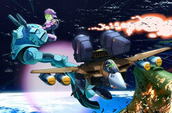  1boy alien armor battle cannon canopy_(aircraft) choujikuu_yousai_macross cloud cockpit commentary_request damaged emblem energy_gun explosion female fleet giant giantess gunpod helmet in_orbit inui&#039;s_meltran inui_(jt1116) laser logo maclone macross mecha meltrandi missile non-humanoid_robot pilot pilot_suit queadol-magdomilla radiation_symbol regult riding robot science_fiction space spacesuit thurvel-salan u.n._spacy variable_fighter vehicle_focus vf-1 vf-1_super vf-1a walker_(robot) war weapon zentradi 