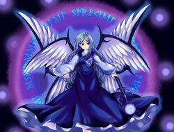  angel_wings blue_dress blue_hair blue_theme commentary_request dress earrings female jewelry long_hair looking_at_viewer multiple_wings muutzi photoshop_(medium) sariel_(touhou) solo staff touhou touhou_(pc-98) weapon wings 