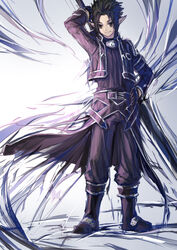  1boy black_hair black_iron_great_sword boots brown_eyes commentary_request gloves highres holding holding_sword holding_weapon huge_weapon jjwww_love kirito kirito_(sao-alo) long_sleeves male_focus photoshop_(medium) pointy_ears smile solo sword sword_art_online sword_on_back weapon weapon_on_back 