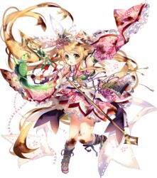  animal_print bare_shoulders blonde_hair blush broken_spear dress female fish_print floral_print flower frilled_dress frills full_body green_eyes hair_flower hair_ornament kamei_(oshiro_project) matoki_misa official_art open_mouth oshiro_project:re solo torn_clothes transparent_background 