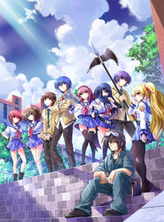  4boys 5girls absurdres angel_beats! black_hair blonde_hair blue_eyes blue_hair brown_eyes brown_hair char_(angel_beats!) closed_mouth cloud commentary_request day goggles goggles_on_head green_eyes halberd highres hinata_hideki hisako_(angel_beats!) iwasawa_masami jumpsuit light_rays long_hair megaphone multiple_boys multiple_girls nakamura_yuri necktie noda_(angel_beats!) one-eyed ooyama_(angel_beats!) pantyhose photoshop_(medium) pink_eyes pink_hair polearm purple_hair scarf school_uniform serafuku shiina_(angel_beats!) shinda_sekai_sensen_uniform short_hair sky sleeves_rolled_up smile stairs sunbeam sunlight tazu thighhighs tree weapon yusa_(angel_beats!) 