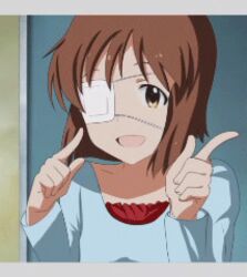  animated animated bob_cut brown_eyes brown_hair chuunibyou_demo_koi_ga_shitai! eyepatch female hagiwara_yukiho idolmaster idolmaster_(classic) looping_animation lowres parody short_hair solo sparkling_daydream 