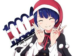  bad_id bad_twitter_id black_capelet blue_hair blush capelet closed_eyes doremy_sweet double_v facing_viewer female hat long_sleeves milestone_celebration neck_ribbon nightcap pom_pom_(clothes) red_ribbon ribbon shishi_osamu short_hair simple_background smile solo tail tapir_tail touhou upper_body v white_background 