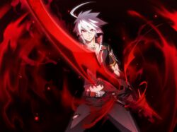  1boy :| ahoge alternate_eye_color alternate_hair_color belt blade blazblue blazblue:_bloodedge_experience blazblue:_central_fiction blood closed_mouth game_cg highres male_focus naoto_kurogane official_art red_eyes solo torn_clothes v-shaped_eyebrows weapon white_hair 