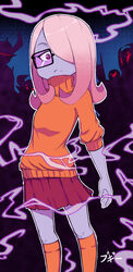  boogy_(mnmnjuguna) closed_mouth cosplay crossover female glasses hair_over_one_eye little_witch_academia long_hair looking_at_viewer one_eye_covered pink_eyes purple_hair scooby-doo skirt standing sucy_manbavaran sweater text thighhighs velma_dace_dinkley velma_dace_dinkley_(cosplay) 