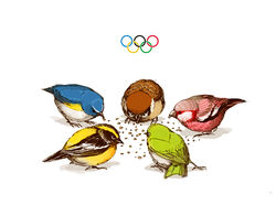  2014_winter_olympics animal_focus bad_id bad_pixiv_id bird eurasian_tree_sparrow flycatcher_(animal) food full_body hscatter japanese_white-eye long-tailed_rosefinch narcissus_flycatcher no_humans olympic_rings olympics original red-flanked_bluetail seed simple_background sparrow white_background 