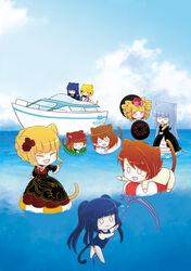  0_0 1boy 6+girls :3 aged_down animal_ears beatrice_(umineko) blonde_hair blue_hair blush_stickers boat bow cat_ears cat_tail chibi closed_eyes cloud commentary_request day dress drill_hair flower frederica_bernkastel furudo_erika gaap_(umineko) grey_hair hair_bobbles hair_flower hair_ornament hat highres innertube kemonomimi_mode kurahika lambdadelta multiple_girls photoshop_(medium) red_hair rose school_swimsuit scythe sky swim_ring swimsuit tail twintails two_side_up umineko_no_naku_koro_ni unworn_headwear ushiromiya_ange ushiromiya_battler ushiromiya_maria virgilia_(umineko) water watercraft 