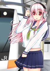  absurdres bad_id bad_pixiv_id blush breasts commentary_request female headphones highres large_breasts long_hair long_sleeves looking_at_viewer midriff neckerchief nitroplus open_mouth otaku_heishi pink_eyes pink_hair pleated_skirt school_uniform serafuku skirt solo super_sonico train 