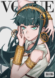  :/ absurdres aqua_eyes aqua_hair aqua_nails arm_behind_head arm_up barcode bare_shoulders belt blunt_bangs bracer breasts bright_pupils cleopatra_(fate) cleopatra_(third_ascension)_(fate) closed_mouth commentary_request cover dress earrings egyptian eyebrows eyelashes eyeliner fake_cover fate/grand_order fate_(series) female fingernails hairband hand_on_own_cheek hand_on_own_face highres hoop_earrings jewelry kota_(pixiv_5237495) lips long_hair looking_at_viewer looking_back magazine_cover makeup medium_breasts nail_polish necklace nose parody photoshop_(medium) pose solo tsurime vogue_(magazine) white_belt white_dress white_pupils yellow_hairband 