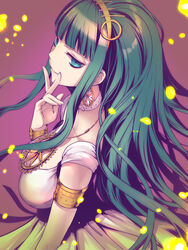  aqua_eyes aqua_hair armlet belt breasts cleavage cleopatra_(fate) cleopatra_(third_ascension)_(fate) closed_mouth collarbone commentary_request cowboy_shot dress earrings egyptian egyptian_clothes eyebrows eyelashes eyeliner fate/grand_order fate_(series) female finger_to_face finger_to_mouth fingernails floating_hair flower from_above hairband half-closed_eyes hoop_earrings jewelry light_particles lips long_hair looking_away looking_to_the_side makeup medium_breasts necklace nose p-kana purple_background ringed_eyes simple_background smile solo standing straight_hair very_long_hair white_belt white_dress yellow_hairband 