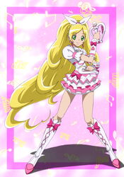  beamed_eighth_notes beamed_sixteenth_notes blonde_hair boots bow braid choker commentary_request cure_rhythm dual_wielding earrings eighth_note fantastic_belltier female french_braid frilled_skirt frills full_body green_eyes hair_ribbon holding jewelry knee_boots long_hair magical_girl minamino_kanade moritakusan musical_note pink_background precure quarter_note quarter_rest ribbon skirt smile solo standing suite_precure treble_clef white_choker 