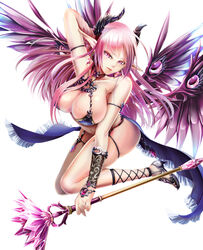  amajita ankle_lace-up arm_behind_head armlet bad_id bad_pixiv_id bikini bracelet breasts cleavage cross-laced_footwear earrings female high_heels highres horns jewelry large_breasts long_hair navel original pink_eyes pink_hair pointy_ears revealing_clothes solo swimsuit tattoo wand wings 