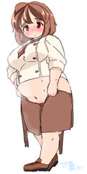  ascot banned_artist big_belly blush breasts brown_hair chef_uniform dressing eno_konoe eyebrows fat frown large_breasts loafers midriff mikomu navel original red_eyes shoes skirt sleeves_rolled_up solo sweat thick_eyebrows 