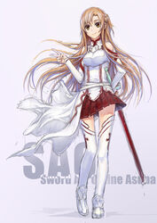  armor asuna_(sao) bare_shoulders belt breastplate brown_eyes brown_hair buckle character_name commentary copyright_name detached_sleeves female highres jjwww_love long_hair photoshop_(medium) skirt smile solo sword sword_art_online thighhighs v weapon 