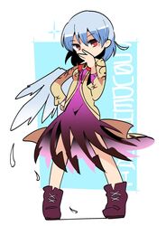  angel_wings bad_id bad_twitter_id bow bowtie brown_footwear covering_own_mouth dress feathered_wings feathers female full_body grey_hair grey_wings hand_on_own_hip hand_over_own_mouth hand_up highres jacket kishin_sagume long_sleeves looking_at_viewer moyazou_(kitaguni_moyashi_seizoujo) purple_dress purple_footwear red_bow red_bowtie red_eyes shoes short_hair single_wing solo standing thats_not_it touhou translated white_wings wings 