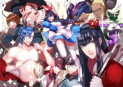  4girls 5boys :o alice_(alice_in_wonderland) alice_(alice_in_wonderland)_(cosplay) alice_in_wonderland animal_ears bad_id bad_pixiv_id bandaid bandaid_on_face bandaid_on_nose black_hair blonde_hair blue_eyes blue_hair blue_skirt bodysuit bow bowtie brown_eyes brown_hair card cat_ears cat_tail chains cheese cheshire_cat_(alice_in_wonderland) cheshire_cat_(alice_in_wonderland)_(cosplay) clock cosplay crown dormouse_(alice_in_wonderland) dormouse_(alice_in_wonderland)_(cosplay) eating food gamagoori_ira glasses green_hair hat inumuta_houka jakuzure_nonon kill_la_kill kinagase_tsumugu kiryuuin_satsuki living_clothes lloule long_hair mad_hatter_(alice_in_wonderland) mad_hatter_(alice_in_wonderland)_(cosplay) mankanshoku_mako march_hare_(alice_in_wonderland) march_hare_(alice_in_wonderland)_(cosplay) matoi_ryuuko mikisugi_aikurou mini_crown mouse_ears multicolored_hair multiple_boys multiple_girls nudist_beach_uniform one_eye_closed panties pantyshot photoshop_(medium) pince-nez pink_eyes pink_hair playing_card rabbit_ears red_crown red_hair sanageyama_uzu senketsu shoes short_hair sidelocks skirt streaked_hair striped_clothes striped_panties sword tail tan thighhighs topless_male tweedledee_(alice_in_wonderland) tweedledee_(alice_in_wonderland)_(cosplay) tweedledum_(alice_in_wonderland) tweedledum_(alice_in_wonderland)_(cosplay) two-tone_hair underwear upskirt weapon whiskers white_legwear white_rabbit_(alice_in_wonderland) white_rabbit_(alice_in_wonderland)_(cosplay) 