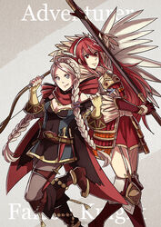  2girls armor boots bow_(weapon) braid caeldori_(fire_emblem) commentary_request dagger fingerless_gloves fire_emblem fire_emblem_fates gloves gzei holding holding_weapon japanese_clothes knife leather long_hair looking_at_viewer low_twin_braids multiple_girls nina_(fire_emblem) parted_bangs photoshop_(medium) polearm ponytail red_hair smile spear thighhighs twin_braids weapon white_hair 