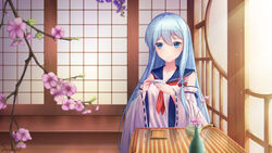  absurdres architecture artist_name blue_eyes blue_hair branch commentary_request cup dated detached_sleeves dress east_asian_architecture female flower hair_between_eyes hair_flower hair_ornament highres holding holding_cup indoors light_rays long_hair looking_at_viewer photoshop_(medium) sailor_collar sailor_dress shirayuki_(mod)_(warship_girls_r) shirayuki_(warship_girls_r) shirt signature smile snow_(676528662) solo sunbeam sunlight table upper_body warship_girls_r white_shirt wide_sleeves 