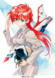  1990s_(style) 1994 agahari aircraft airplane amelia_yeager aozora_shoujotai commentary_request copyright_name f-16_fighting_falcon female green_eyes helmet long_hair looking_at_viewer military military_uniform painting_(medium) pilot_suit red_hair retro_artstyle solo thunderbirds_(team) traditional_media uniform 