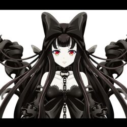  arm_garter bare_shoulders black_bow black_dress black_hair black_ribbon bow breasts chains cleavage collar collarbone commentary_request detached_sleeves dress expressionless frilled_dress frills hair_ribbon hairbow kantai_collection large_breasts letterboxed long_hair looking_at_viewer machinery off_shoulder orange_eyes puffy_sleeves ribbon seaplane_tender_hime shinkaisei-kan simple_background solo symmetry tk8d32 upper_body white_background white_skin 