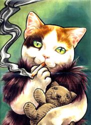  absurdres animal animal_focus bad_id bad_pixiv_id calico cigarette commentary_request feline highres no_humans original smoke smoking stuffed_toy traditional_media uirina 