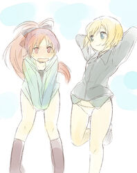  2girls blonde_hair blush bottomless bow commentary_request covering_crotch covering_privates crossover embarrassed erica_hartmann hairbow hood hoodie long_hair mahou_shoujo_madoka_magica mahou_shoujo_madoka_magica_(anime) multiple_girls nori_senbei panties ponytail red_eyes red_hair saimoe saimoe_2011 sakura_kyoko short_hair smile strike_witches underwear world_witches_series 