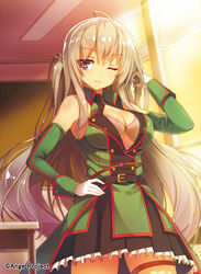  ;3 ahoge ange_vierge bare_shoulders belt bra breasts cleavage cleavage_cutout clothing_cutout commentary_request detached_sleeves dress evening female frills gloves hand_on_own_hip indoors kanden_sky long_hair nya_lapucea official_art one_eye_closed purple_eyes silver_hair smirk solo thigh_strap underwear very_long_hair white_gloves 