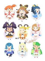  6+girls :d :p ^_^ alolan_vulpix alolan_vulpix_(cosplay) archived_source beautifly beautifly_(cosplay) blonde_hair blue_eyes blue_hair bonnie_(pokemon) braid brown_eyes brown_hair chibi closed_eyes cosplay dark-skinned_female dark_skin dawn_(pokemon) dedenne dedenne_(cosplay) earrings emolga emolga_(cosplay) goldeen goldeen_(cosplay) green_eyes green_hair grin happy highres iris_(pokemon) jewelry kairi_(ayuara) kasumi_(pokemon) lana_(pokemon) lillie_(pokemon) long_hair long_sleeves looking_at_viewer mallow_(pokemon) may_(pokemon) multiple_girls one_eye_closed open_mouth orange_hair piplup piplup_(cosplay) pokemon pokemon_(anime) pokemon_ears pokemon_sm_(anime) pokemon_tail ponytail popplio popplio_(cosplay) purple_hair serena_(pokemon) short_hair side_ponytail signature simple_background smile steenee steenee_(cosplay) sylveon sylveon_(cosplay) tail tongue tongue_out twin_braids twintails white_background wide_sleeves 