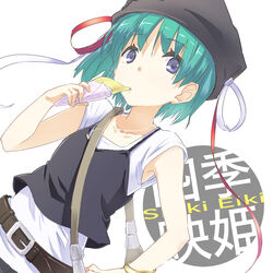  adapted_costume alternate_costume armpit_peek bag belt blue_eyes bracelet casual chemise cl_(h-sys.) collarbone commentary_request contemporary crepe eating female food green_hair hand_on_own_hip hat hat_ribbon jewelry looking_at_viewer necklace ribbon shiki_eiki shirt shoulder_bag sleeveless sleeveless_shirt solo touhou upper_body 