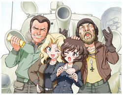  2girls akiyama_yukari arm_around_shoulder beard belt black_shirt blonde_hair blue_eyes blue_jacket brown_eyes brown_hair brown_jacket clint_eastwood cross donald_sutherland duplicate facial_hair girls_und_panzer gloves gold_bar grin helmet iron_cross jacket kay_(girls_und_panzer) kelly&#039;s_heroes kumazura_chuu long_hair long_sleeves looking_at_another m4_sherman medium_tank messy_hair military military_uniform military_vehicle motor_vehicle multiple_girls one_eye_closed ooarai_military_uniform open_mouth pixel-perfect_duplicate private_kelly saunders_military_uniform sergeant_oddball shirt short_hair smile standing tank uniform upper_body 