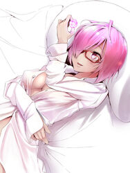  breasts commentary_request fate/grand_order fate_(series) female gem glasses hair_over_one_eye kinpun_(fgxdw447) large_breasts light_purple_hair lying mash_kyrielight no_bra on_back open_clothes open_mouth open_shirt purple_eyes shirt short_hair solo 