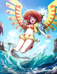  :d adjusting_clothes adjusting_headwear artist_name aztec bad_id bad_pixiv_id beach bikini bikini_top_only blue_sky braid breasts brown_hair cleavage cloud clover clover_hair_ornament copyright_name day enomaru_saku female floating four-leaf_clover four-leaf_clover_hair_ornament green_jacket hair_ornament hand_on_headwear hat jacket knees_together_feet_apart long_hair luck_&amp;_logic medium_breasts midair midriff nanahoshi_yukari navel official_art open_mouth outdoors outstretched_hand palm_tree quetzalcoatl_(luck_&amp;_logic) red_eyes sandals shorts side_braid single_braid sky smile solo sun_hat swimsuit tree water watermark waves wings 