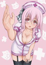  blush breasts cleavage commentary_request deni_m female garter_straps hat headphones highres large_breasts leaning_forward long_hair looking_at_viewer nitroplus nurse nurse_cap open_mouth pink_eyes pink_hair red_eyes solo super_sonico thighhighs 