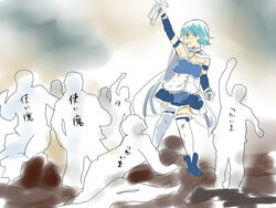  arm_up armband blue_eyes blue_hair cape commentary_request female fine_art_parody gloves grin holger_(madoka_magica) liberty_leading_the_people magical_girl mahou_shoujo_madoka_magica mahou_shoujo_madoka_magica_(anime) miki_sayaka miki_sayaka_(magical_girl) nori_senbei parody short_hair smile sword thighhighs weapon zettai_ryouiki 