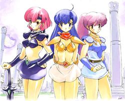  3girls armor arms_behind_back asou_yuuko bikini_armor blue_hair bracer cowboy_shot dark_valis hand_on_own_hip headband holding holding_sword holding_weapon kirishima_reiko lena_brand long_hair looking_at_viewer mugen_senshi_valis multiple_girls pauldrons pillar pink_hair ponytail purple_hair ruins scarf short_hair shoulder_armor side-by-side skirt smile sword uchiu_kazuma valis weapon 