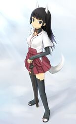  anabuki_tomoko animal_ears black_hair boots breasts commentary_request female fox_ears fox_girl fox_tail japanese_clothes long_hair medium_breasts rasielcochma skirt solo strike_witches:_suomus_misfits_squadron sword tail thigh_boots thighhighs weapon world_witches_series 