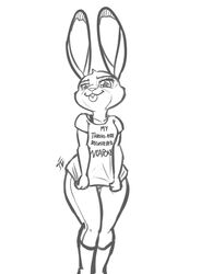  2016 anthro clothed clothing disney female fur hi_res judy_hopps lagomorph leadhooves leporid mammal monochrome rabbit simple_background solo tongue tongue_out white_background zootopia 