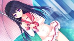  black_hair flat game_cg hikoukigumo_no_mukougawa long_hair purinko purple_eyes rain satou_risa seifuku umbrella water 