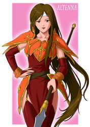  altena_(fire_emblem) armor bracelet bridal_gauntlets brown_eyes brown_hair character_name commentary_request dress elbow_gloves female fire_emblem fire_emblem:_genealogy_of_the_holy_war garter_straps gloves headband jewelry lipstick long_hair makeup photoshop_(medium) polearm rakusai_(saisai_garou) side_slit solo spear thighhighs very_long_hair weapon 