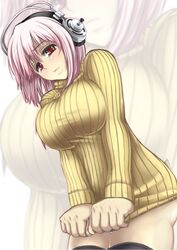  annoyed blush breasts clothes_tug commentary_request deni_m female headphones highres large_breasts long_hair long_sleeves looking_at_viewer nitroplus panties pink_hair red_eyes ribbed_sweater solo super_sonico sweater sweater_tug thighhighs turtleneck underwear zoom_layer 