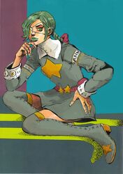  annie_(skullgirls) araki_hirohiko_(style) armband bad_id bad_tumblr_id belt belt_pouch blush boots braid derivative_work dress eyelashes eyepatch female full_body gats_(nougats) grabbing_another&#039;s_chin green_hair green_lips hand_on_another&#039;s_chin hand_on_own_hip head_rest highres jojo_no_kimyou_na_bouken lips lipstick makeup parody pouch revision skullgirls star_(symbol) stuffed_animal stuffed_rabbit stuffed_toy style_parody thigh_boots thighhighs twin_braids yellow_eyes 