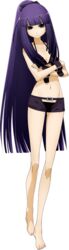  amanohokosaka_mei belt blazblue crossed_arms female full_body higuchi_konomi long_hair pale_skin ponytail purple_eyes purple_hair short_shorts shorts solo swimsuit transparent_background very_long_hair xblaze 