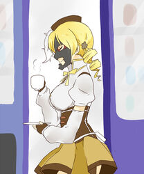  beret blonde_hair closed_eyes commentary_request corset cup drill_hair female fingerless_gloves gloves gundam gundam_00 hat magical_girl mahou_shoujo_madoka_magica mahou_shoujo_madoka_magica_(anime) mask mister_bushido nori_senbei parody plate solo teacup tomoe_mami tomoe_mami_(magical_girl) twin_drills twintails 