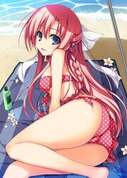  absurdres akatsuki_no_goei ass beach beach_towel beach_umbrella bikini blue_eyes bottle braid female flower half_updo highres looking_at_viewer looking_back lying nikaidou_aya ocean on_side outdoors pink_hair polka_dot polka_dot_bikini red_bikini sand shiny_skin solo swimsuit tomose_shunsaku towel trefoil umbrella unmoving_pattern water 