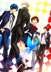  4boys black_hair blue_eyes blue_hair brown_hair bug butterfly commentary crossed_arms earphones female gekkoukan_high_school_uniform grey_eyes grey_hair hair_ornament hair_over_one_eye hand_in_pocket houndstooth multiple_boys narukami_yuu necktie persona persona_1 persona_2 persona_2_tsumi persona_3 persona_3_portable persona_4 photoshop_(medium) red_eyes ribbon saeuchobab school_uniform seven_sisters_high_school_uniform shiomi_kotone short_ponytail skirt st._hermelin_school_uniform suou_tatsuya toudou_naoya yasogami_school_uniform yuuki_makoto_(persona_3) 